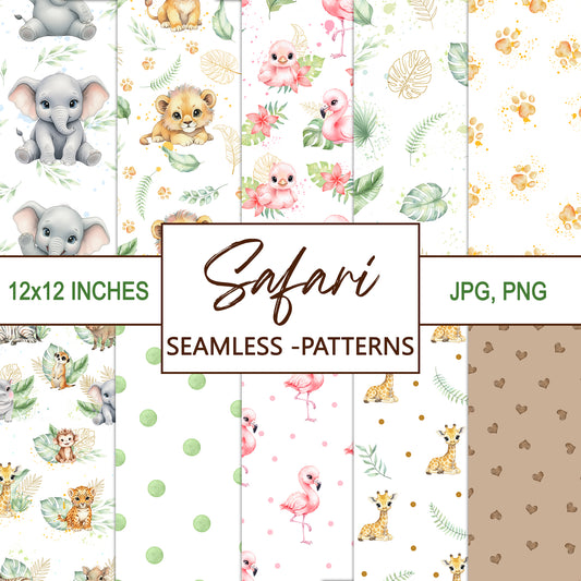 Watercolor Safari Baby Animals Seamless Pattern, Nursery Digital Paper Pack