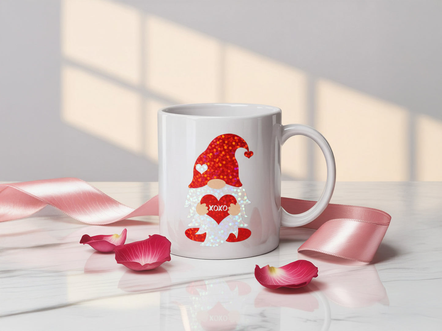 White ceramic mug with a red glitter Valentine gnome design "XOXO".