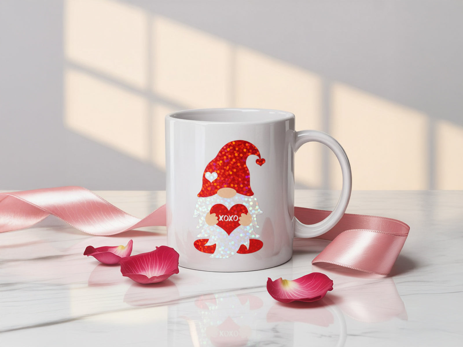 White ceramic mug with a red glitter Valentine gnome design "XOXO".