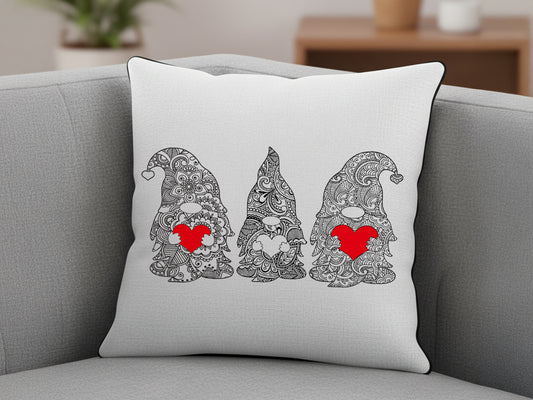 Three mandala-style gnomes holding red hearts, detailed zentangle patterns, Valentine's Day digital SVG design for Cricut and Silhouette projects.