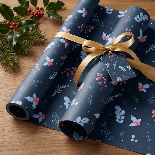 Winter Holly & Berries Seamless Pattern, Navy Blue Christmas Floral Design