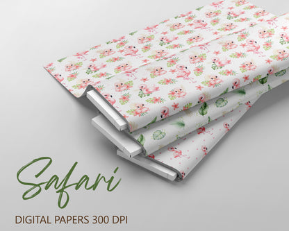 Watercolor Safari Baby Animals Seamless Pattern, Nursery Digital Paper Pack