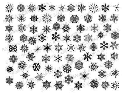 A large collection of various intricate snowflake vector designs in black.
