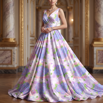 Woman's summer maxi dress featuring seamless watercolor hydrangea fabric print