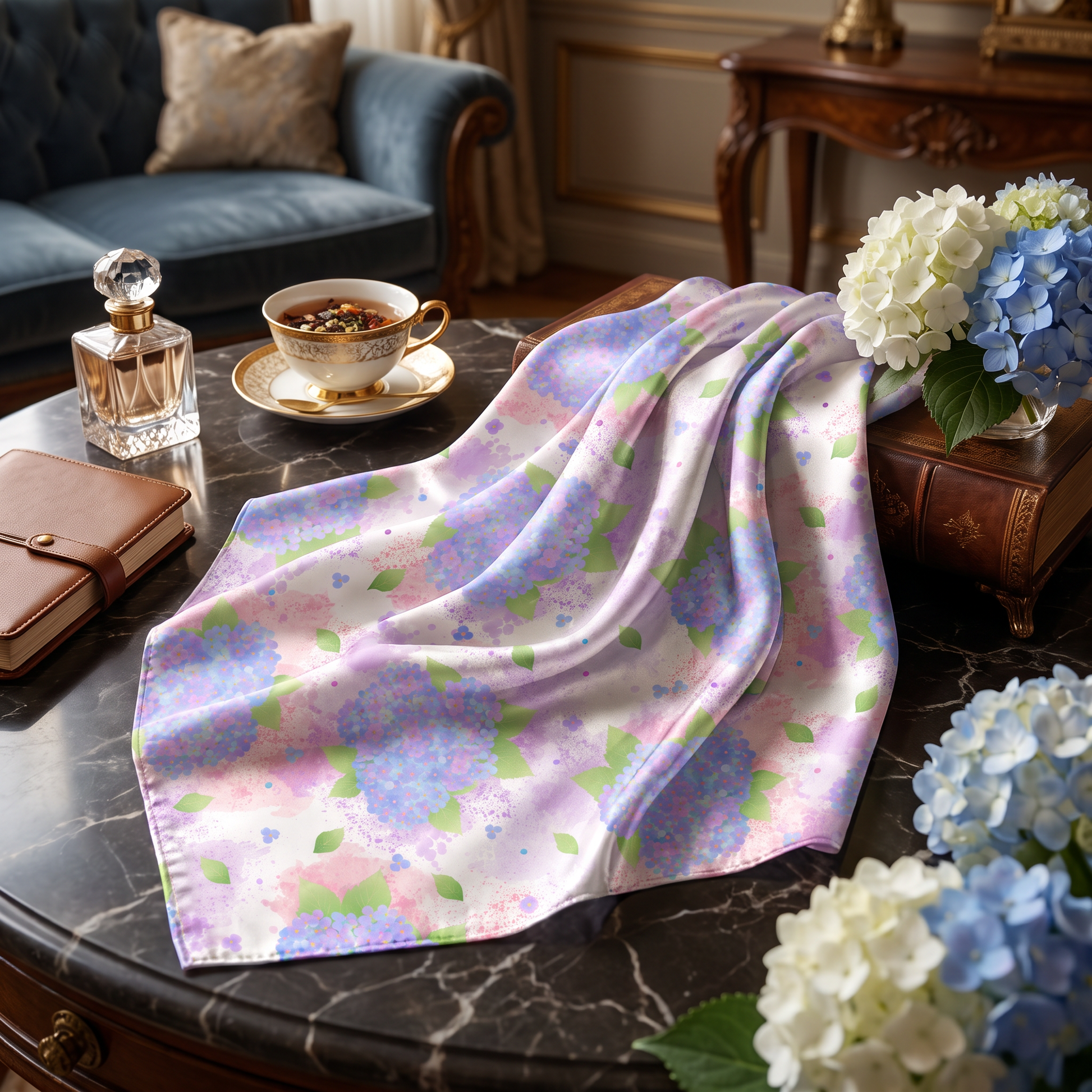 Silk scarf showcasing delicate pastel hydrangea watercolor print