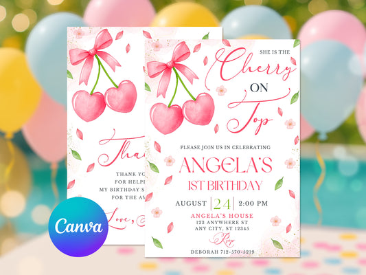 Cherry Baby Girl Invitation Cherry on Top Birthday Invitation