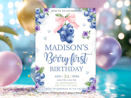 Blueberry first birthday invitation with pink bow and watercolor berries text reads Madison's Berry First Birthday.