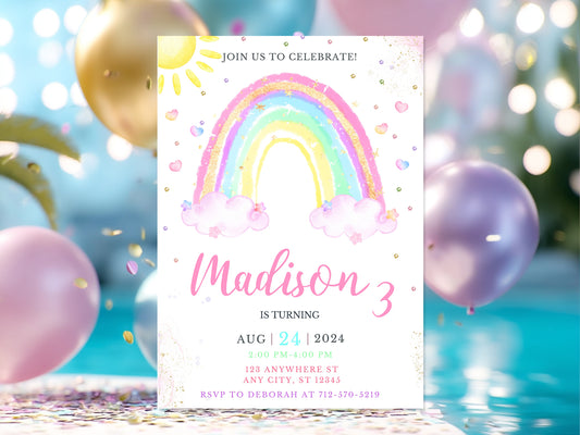 Pastel rainbow birthday invitation with watercolor clouds, yellow sun, and gold glitter accents for girl's party.
