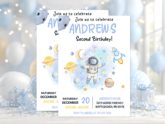 Watercolor outer space birthday invitation with cute astronaut, rocket, and blue planets.