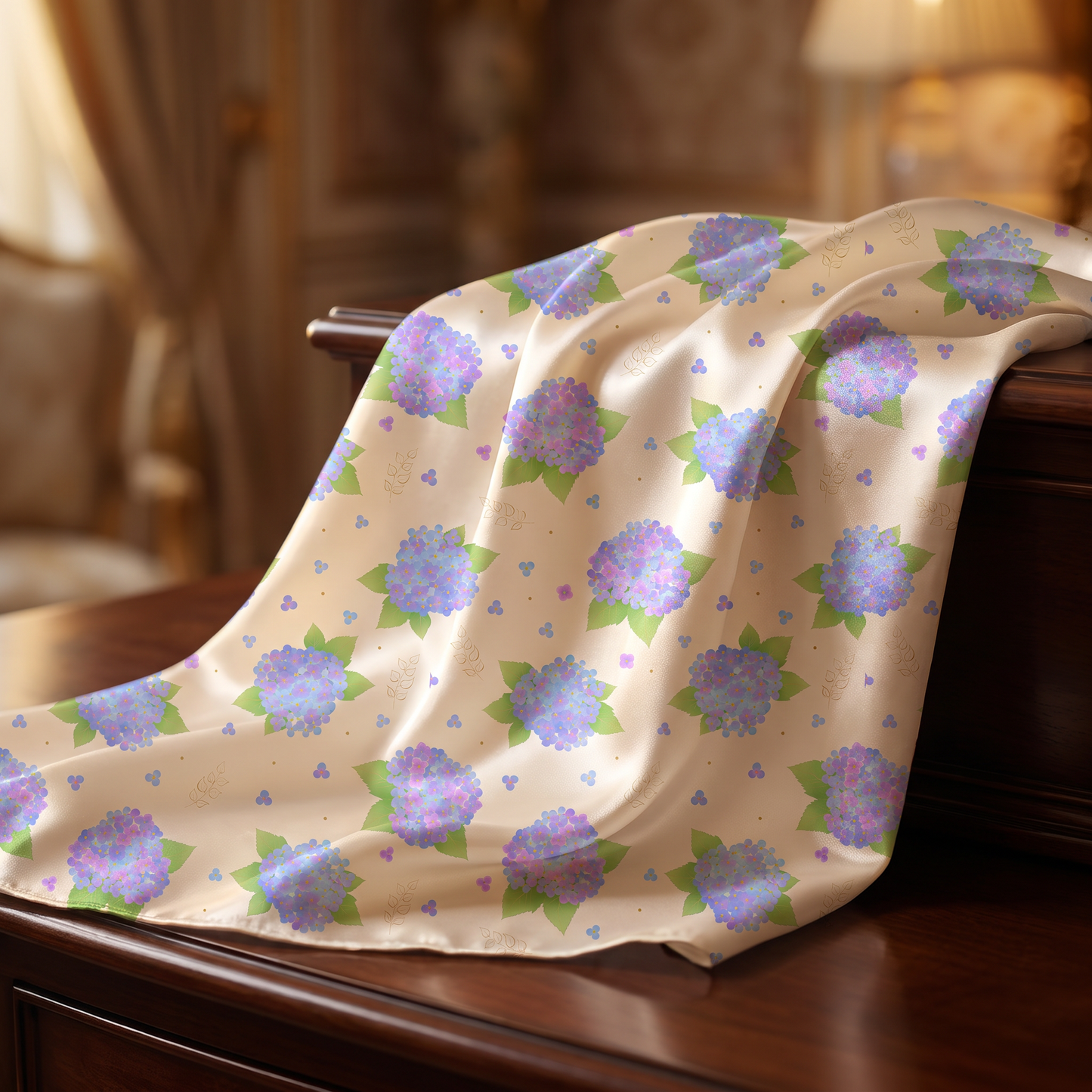 Silk scarf showcasing delicate pastel hydrangea watercolor print