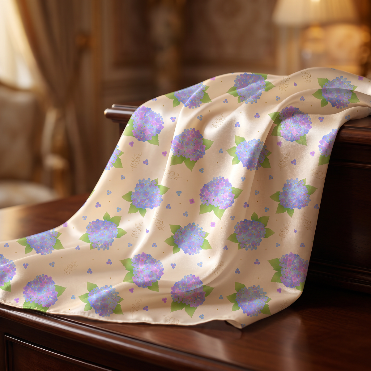 Silk scarf showcasing delicate pastel hydrangea watercolor print