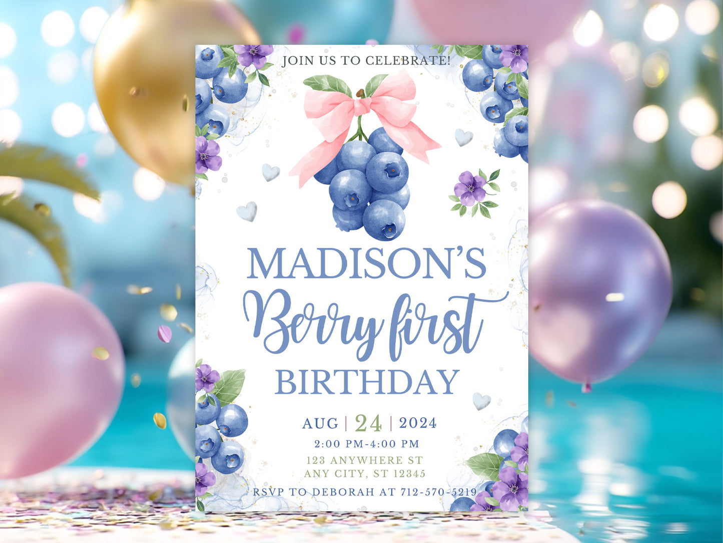 Blueberry First Birthday Invitation | Editable Canva Template