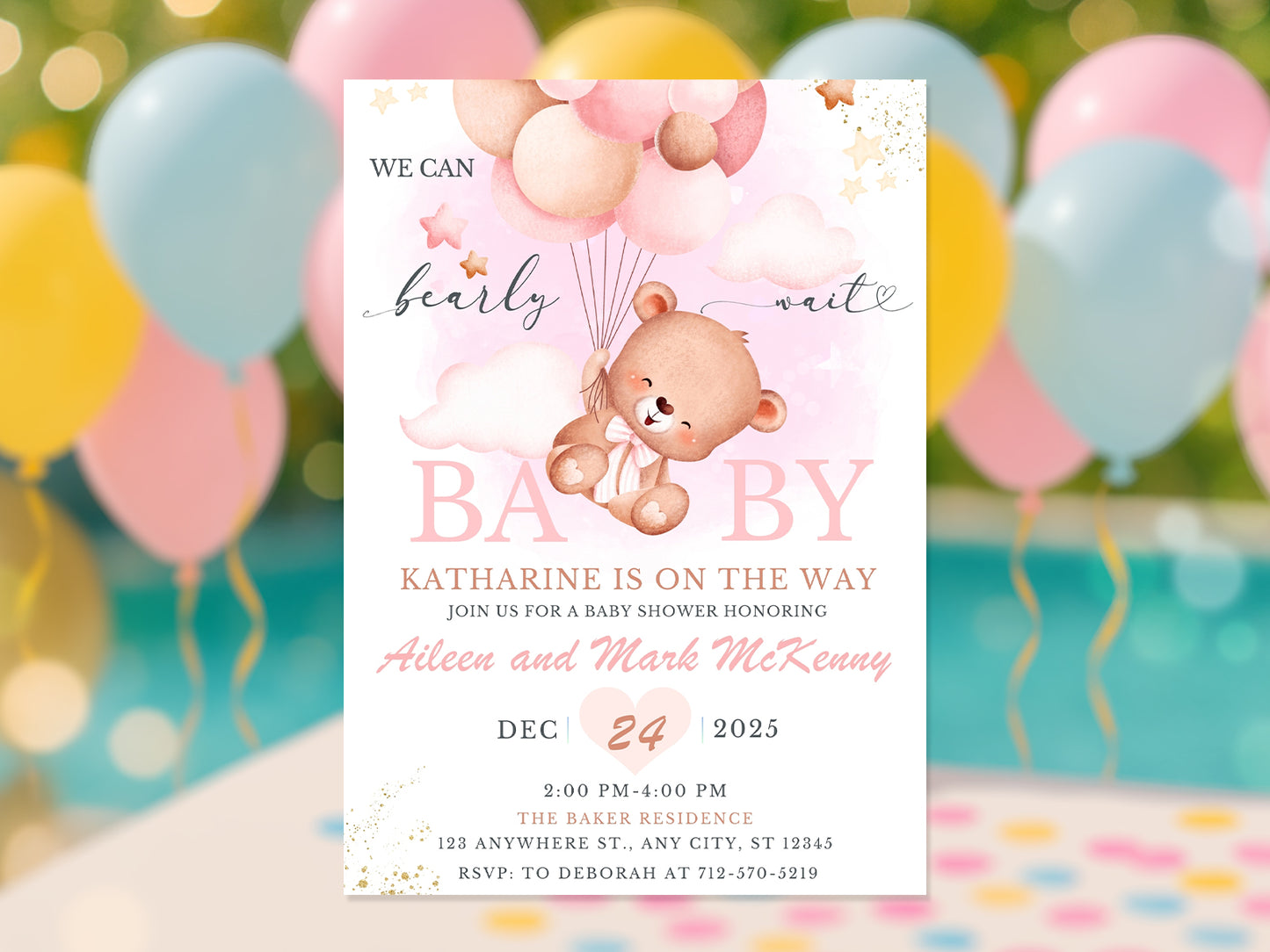 Watercolor teddy bear holding pink balloons baby shower invitation with text We Can Bearly Wait.