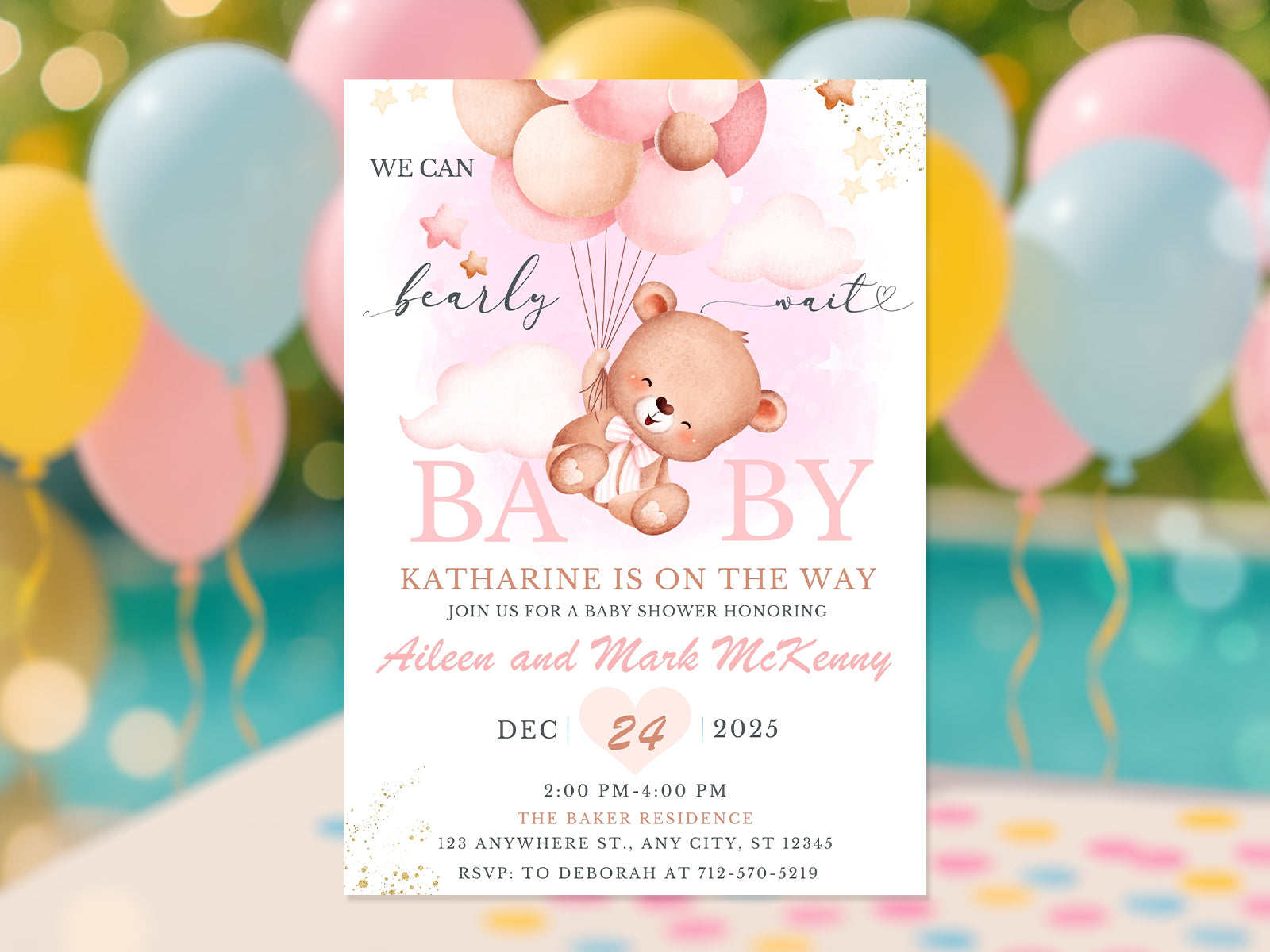 Watercolor teddy bear holding pink balloons baby shower invitation with text We Can Bearly Wait.