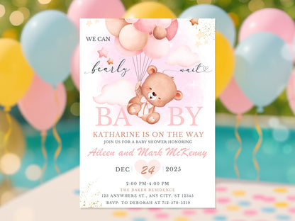 Watercolor teddy bear holding pink balloons baby shower invitation with text We Can Bearly Wait.