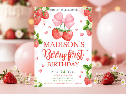 Digital Berry First Birthday invitation template for girls. Watercolor illustration of strawberries with a pink ribbon bow. Text reads Madison's Berry First Birthday. 