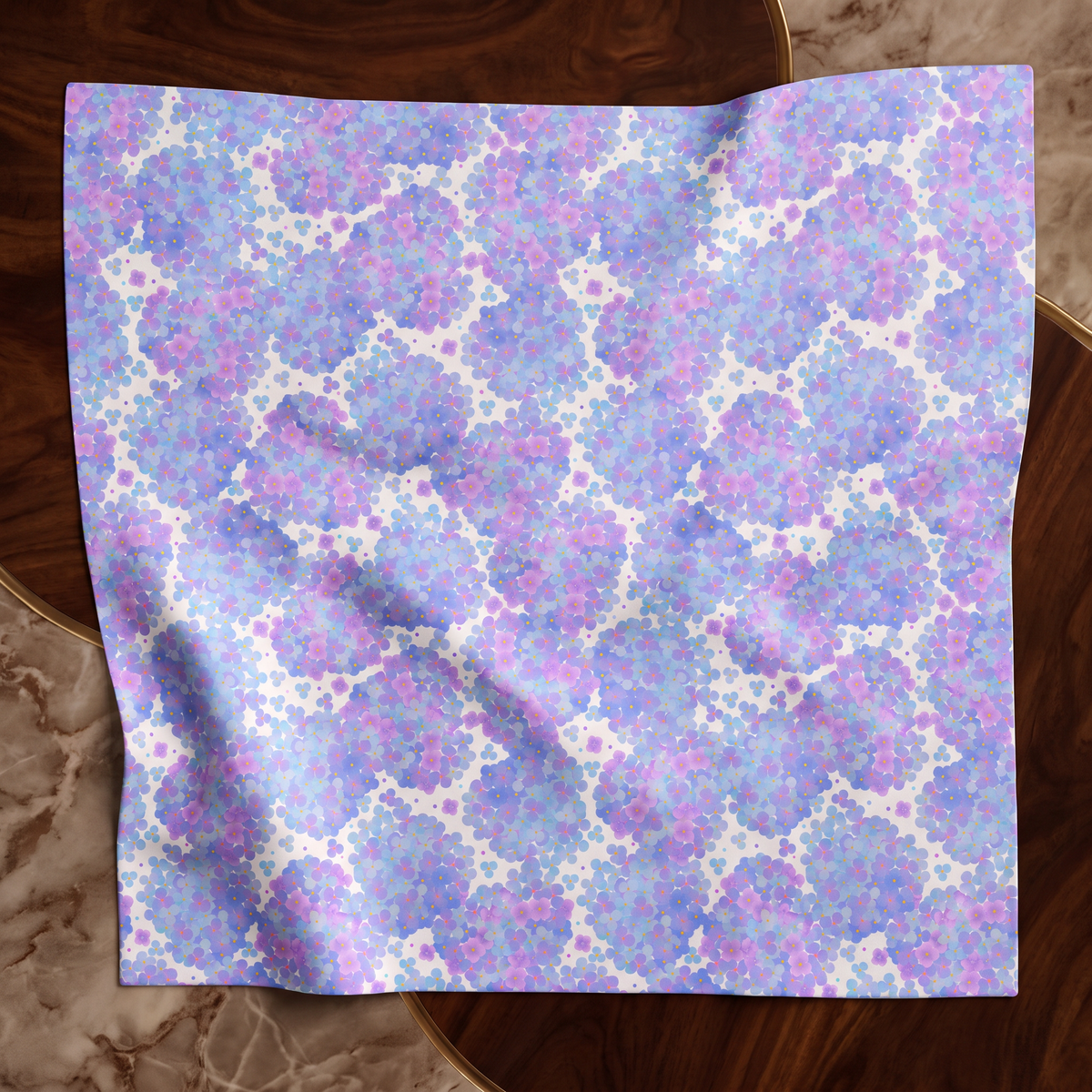 Silk scarf showcasing delicate pastel hydrangea watercolor print