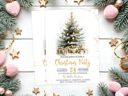 Elegant Christmas Party Invitation – Gold Tree Canva Template
