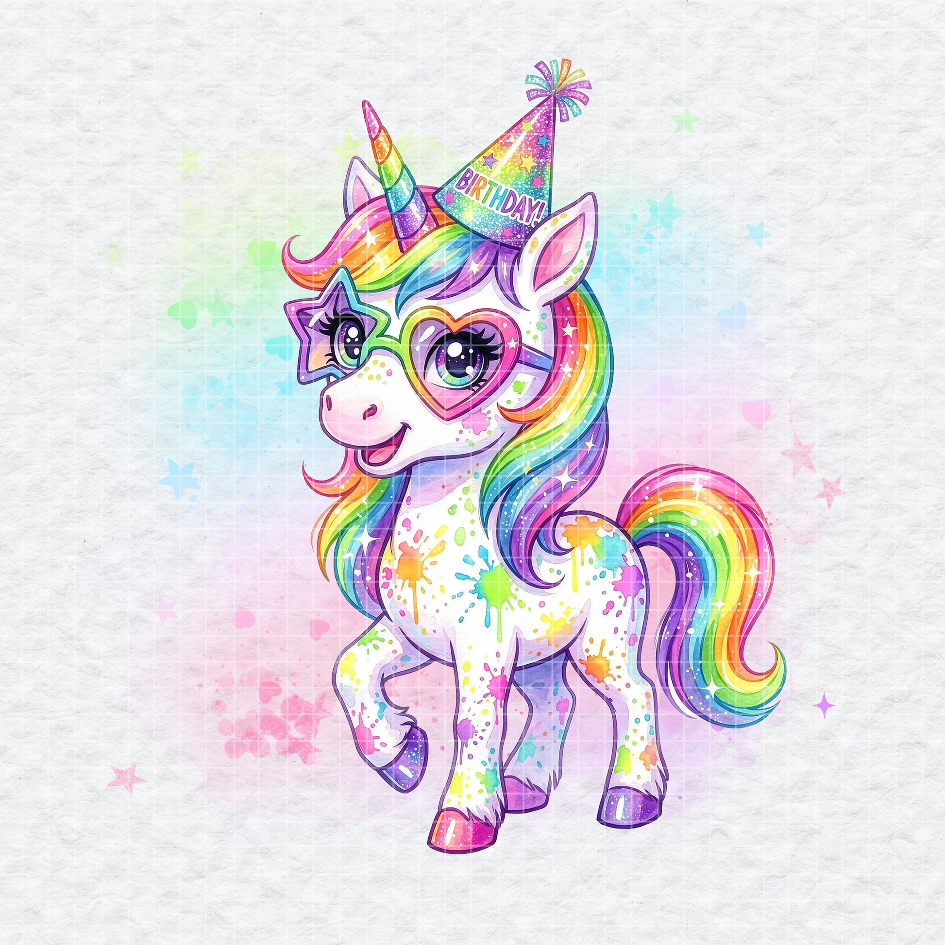 Transparent PNG clipart of a cute birthday unicorn with rainbow hair and glasses