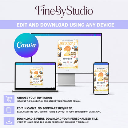Instructions showing how to easily edit the construction birthday invitation template on a computer, tablet, or smartphone using Canva.