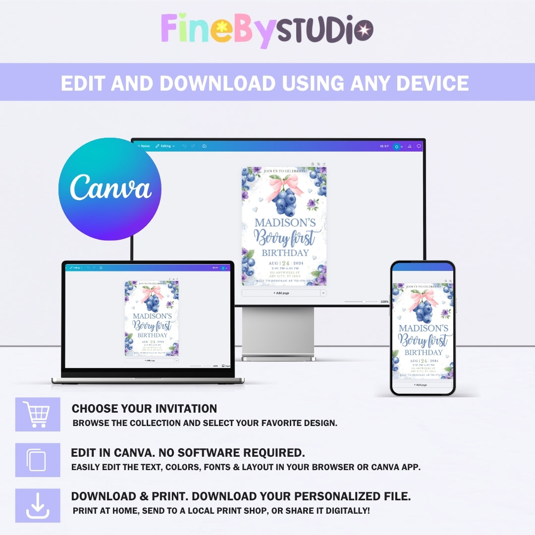 Digital editable blueberry party invitation shown on mobile phone screen.