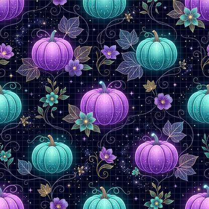  Seamless digital pattern design featuring glowing neon teal and purple pumpkins, celestial stars, and vines on a dark night background.