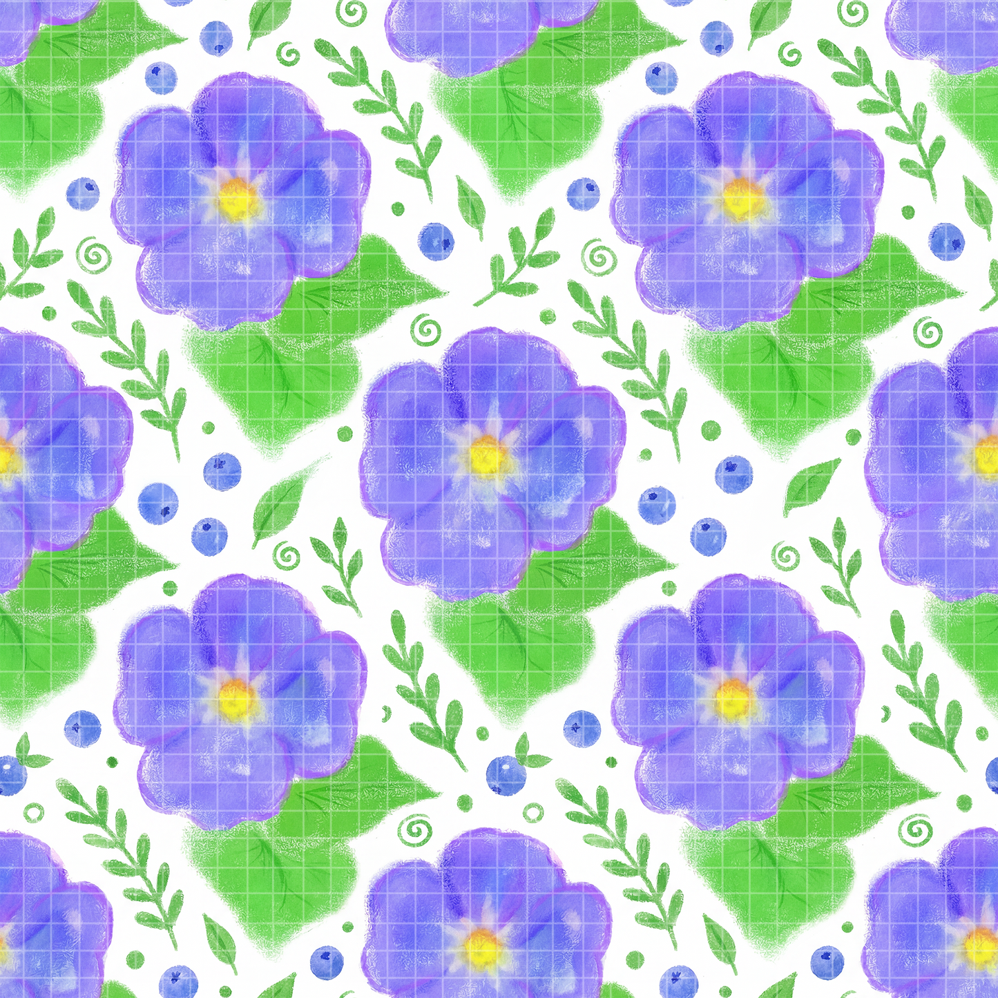 Seamless pattern tile featuring watercolor purple flowers and green leaves.