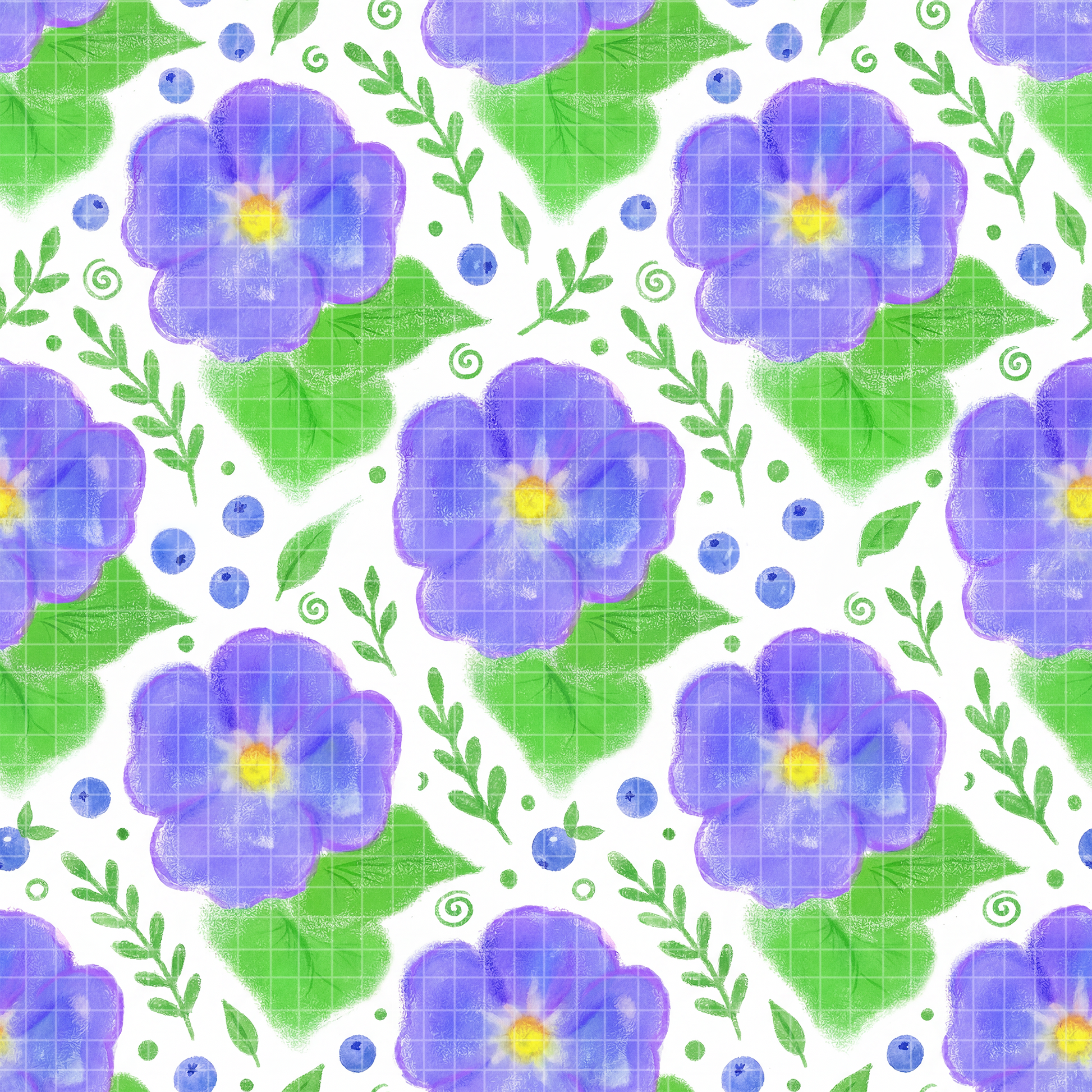 Seamless pattern tile featuring watercolor purple flowers and green leaves.