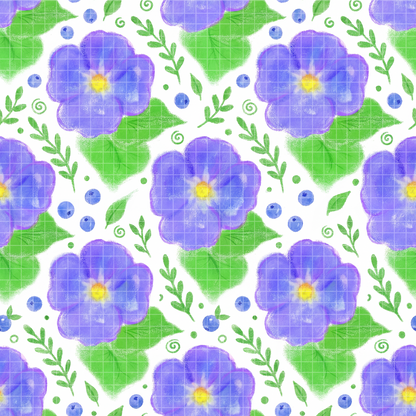 Seamless pattern tile featuring watercolor purple flowers and green leaves.