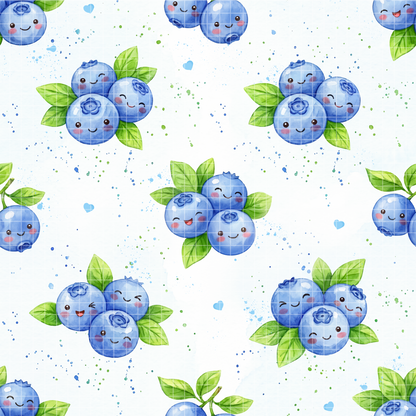 Cute kawaii blueberry seamless pattern with watercolor smiling faces and green leaves on a white background.