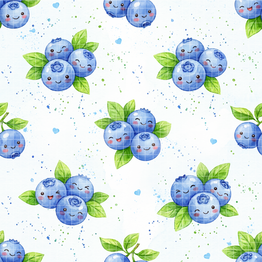 Cute kawaii blueberry seamless pattern with watercolor smiling faces and green leaves on a white background.