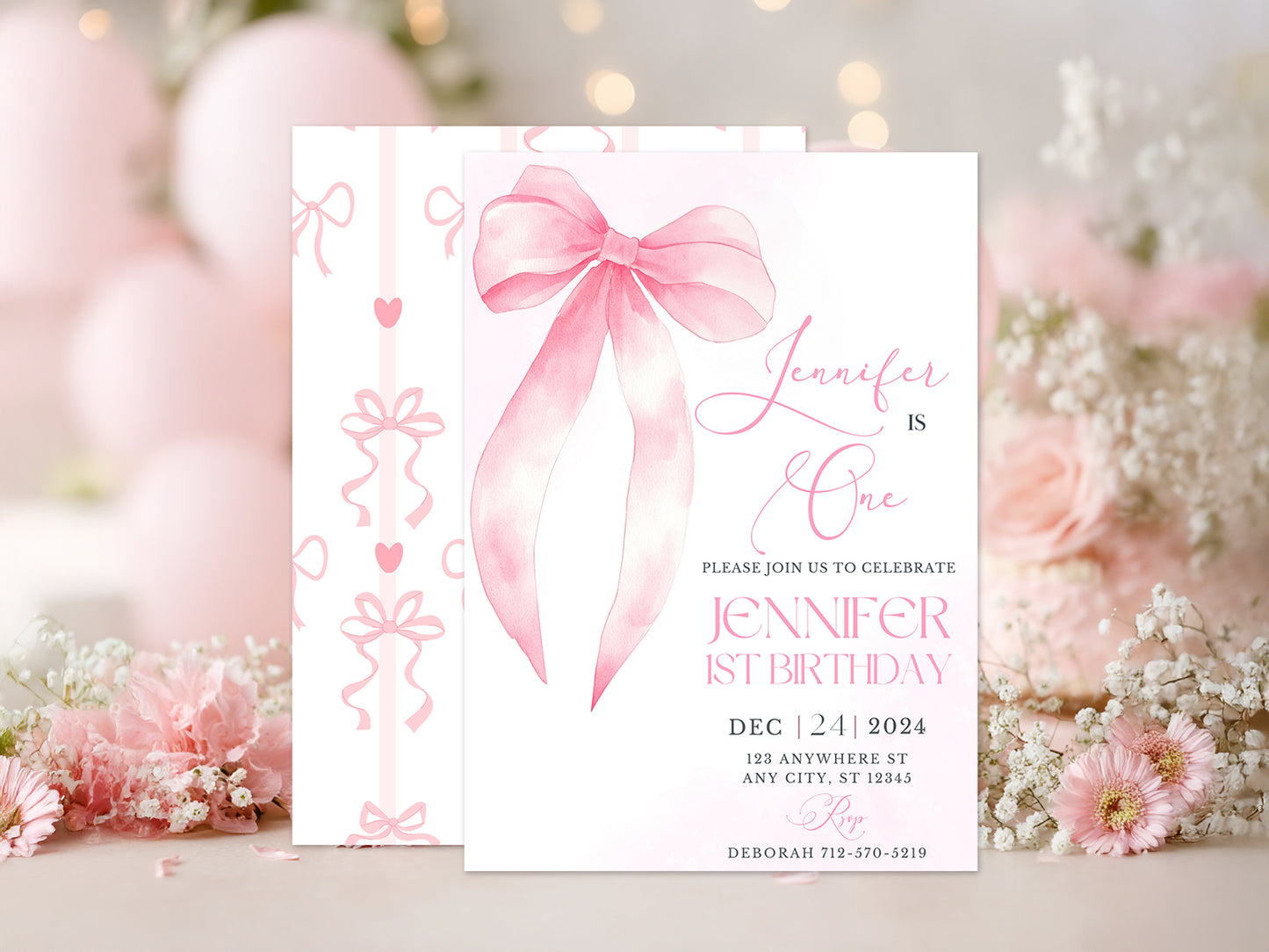 Pink Bow 1st Birthday Invitation