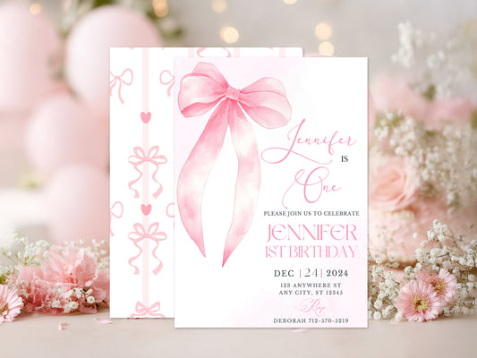 Pink Bow 1st Birthday Invitation