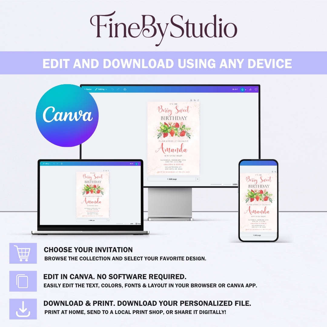 Berry Sweet birthday invitation displayed on a laptop, tablet, and smartphone showing it is editable on any device.