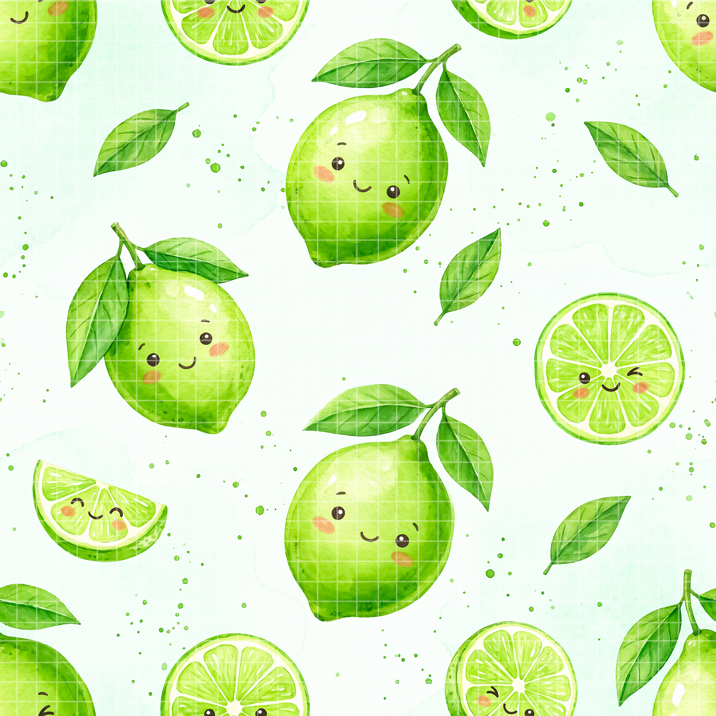 Seamless watercolor pattern featuring cute kawaii green limes with smiling faces, citrus slices, and leaves on a light background.