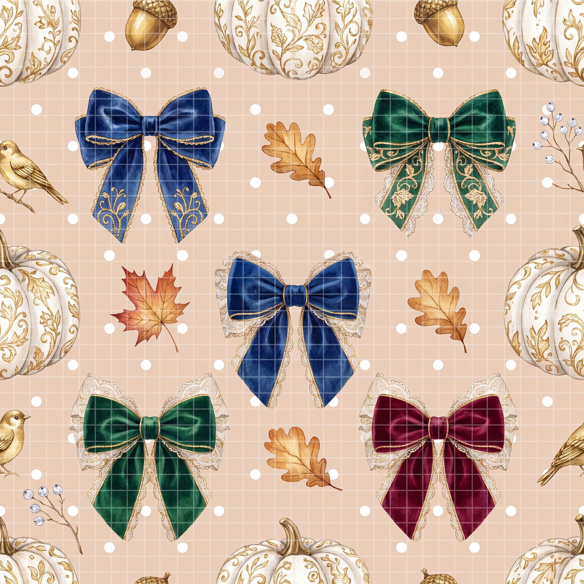 Seamless watercolor pattern featuring vintage velvet bows, elegant white pumpkins, acorns, and autumn leaves on a light beige background.