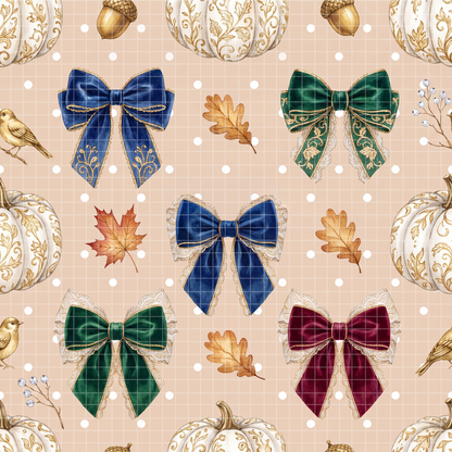 Seamless watercolor pattern featuring vintage velvet bows, elegant white pumpkins, acorns, and autumn leaves on a light beige background.