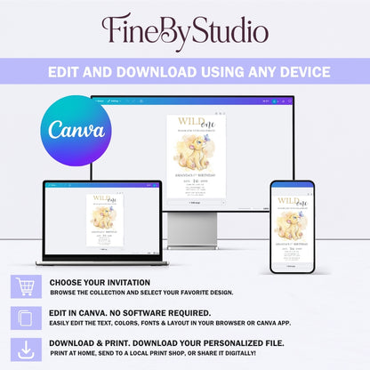 Instructions for customizing the digital Wild One safari invitation template in Canva.
