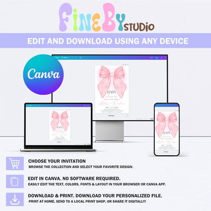 Pink Coquette Bow Baby Shower Invitation Template | Editable Canva Mobile Invite | Watercolor Girl Baby Shower | Instant Download 5x7"