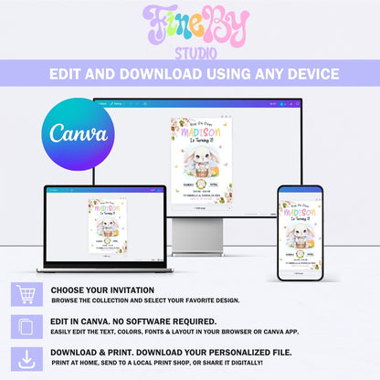 Hop On Over Easter Birthday Invitation Template, Cute Watercolor Bunny Canva Invite, Editable Kids Birthday Digital Download