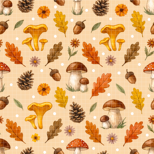 Seamless autumn woodland pattern featuring watercolor mushrooms, oak leaves, pinecones, and acorns on a warm background.