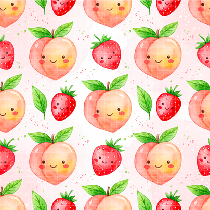 Seamless watercolor pattern featuring cute kawaii peaches and strawberries with smiling faces and green leaves on a light pink background.