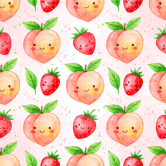 Seamless watercolor pattern featuring cute kawaii peaches and strawberries with smiling faces and green leaves on a light pink background.