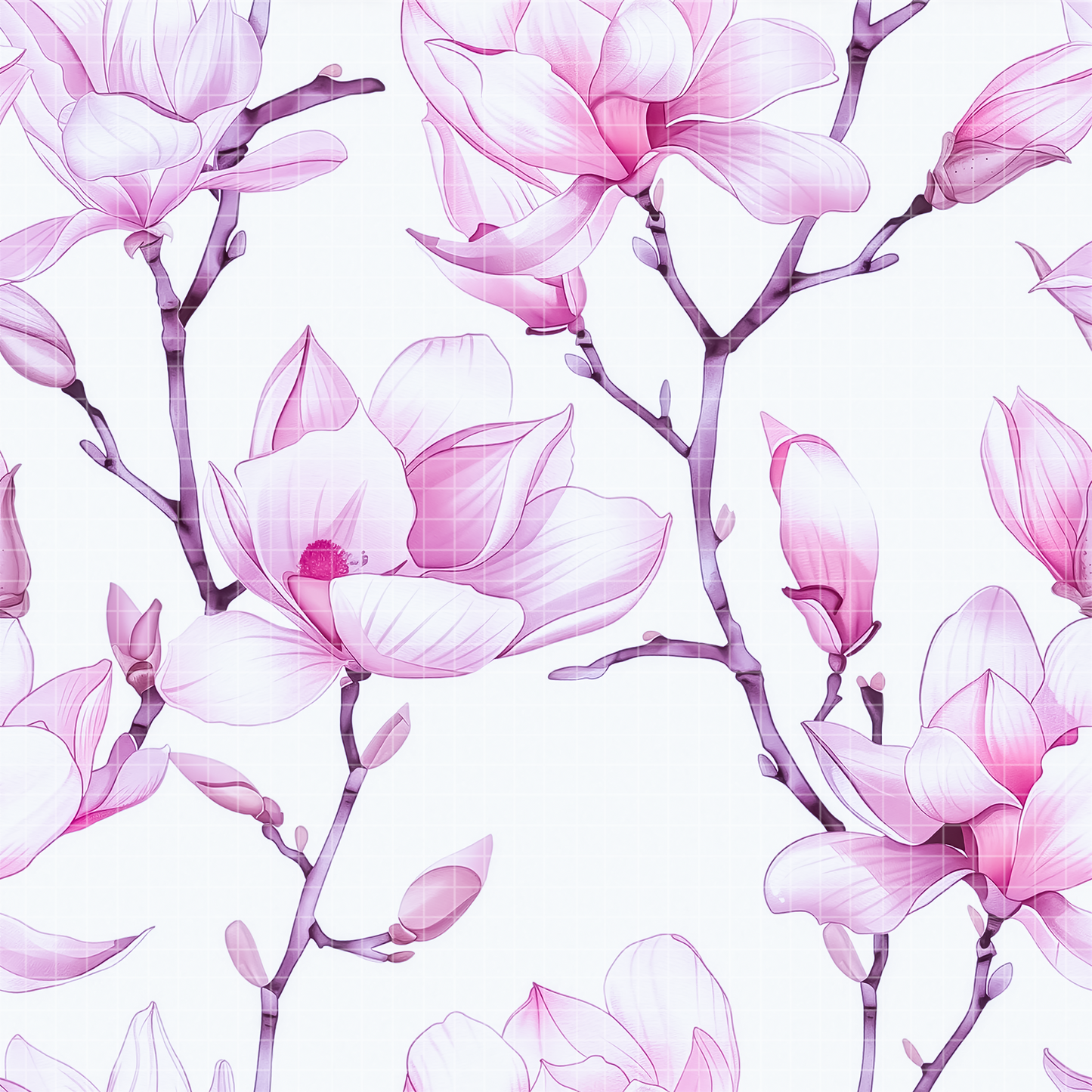 Seamless digital pattern featuring delicate watercolor pink magnolia flowers on branches against a white background.