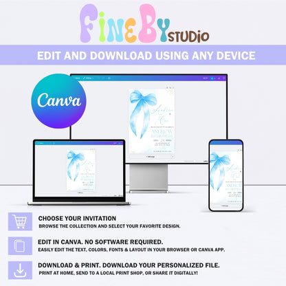 Editable Blue Bow Invitation | Canva Template | Baby Shower & Birthday Invite