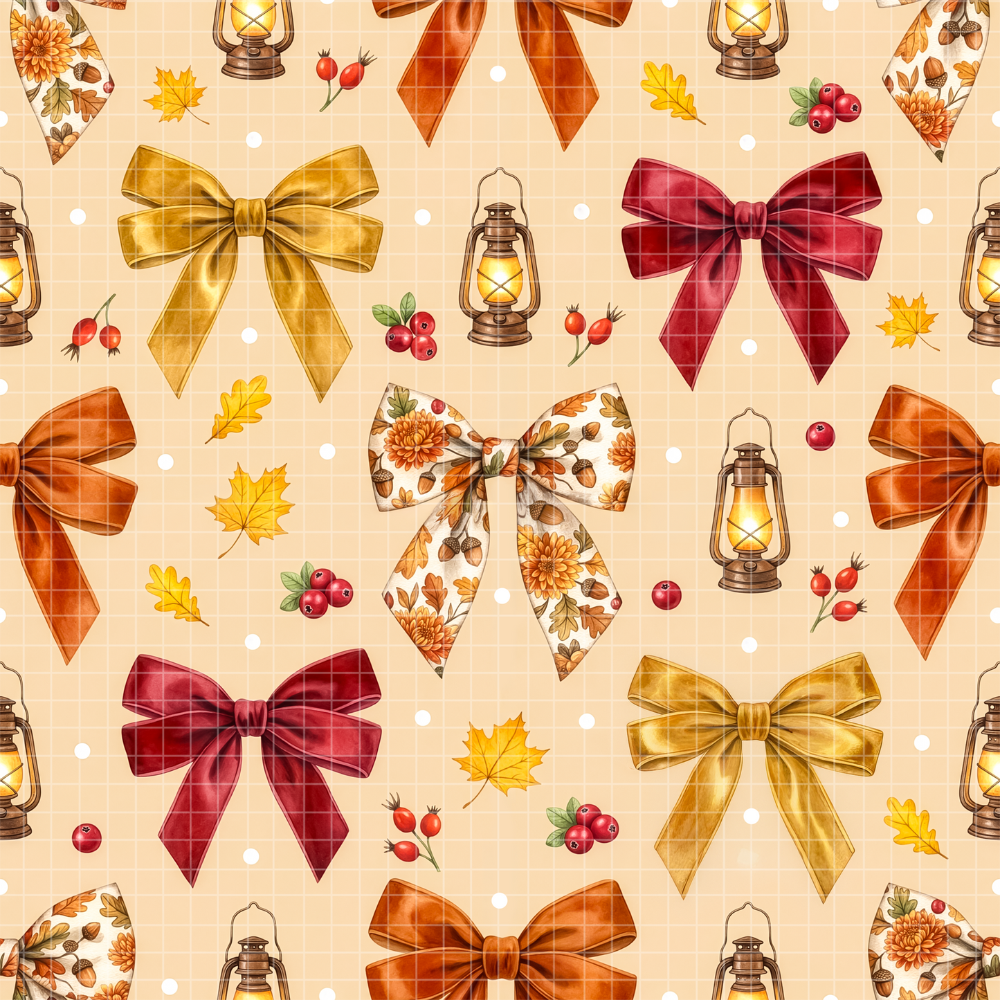Cozy fall seamless pattern with watercolor autumn bows, rustic lanterns, and red berries on a warm cream background.