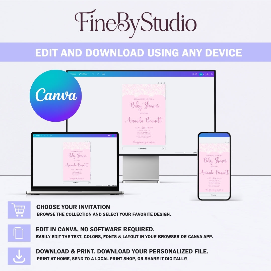 Step-by-step instructions and features for editing the digital pink baby shower invite in Canva.