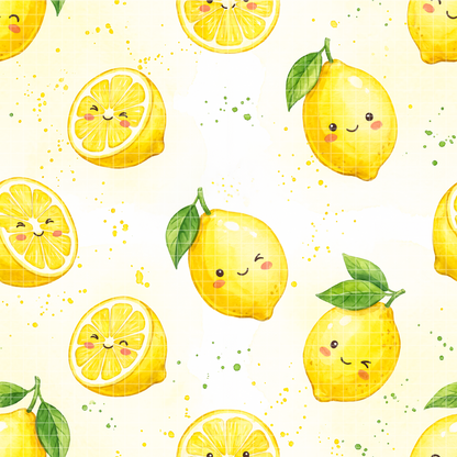 Seamless watercolor pattern featuring cute kawaii yellow lemons with smiling faces and fresh citrus slices on a light background.