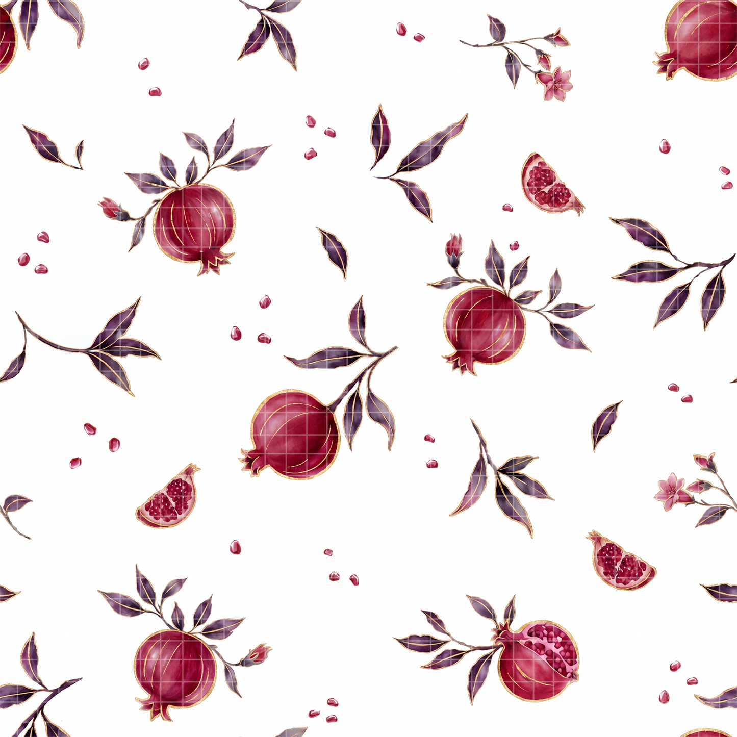 Roll of elegant white wrapping paper featuring a watercolor pattern of red pomegranates and leaves, styled with gold scissors and natural twine.