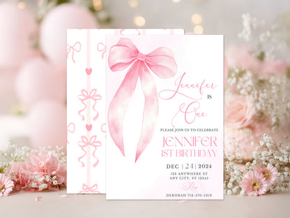 Editable Invitation Template | Pink Bow Invitation | Baby Shower or Birthday Invite | Instant Download Canva Template